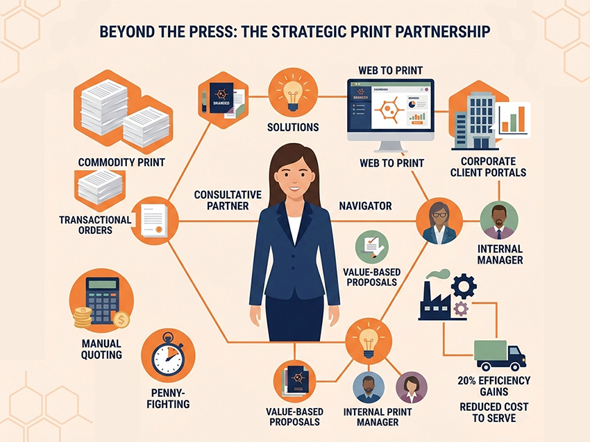 Vpress style vector art showing how a consultative partner uses web to print to drive 20% efficiency for corporate clients.