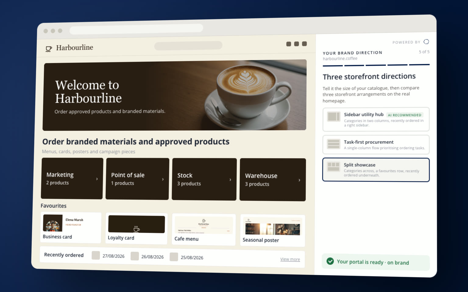 The finished Harbourline storefront built by Brand Assist on Coreprint, with the three storefront directions panel, shown as a tilted browser window on the dark blue of the Brand Assist film