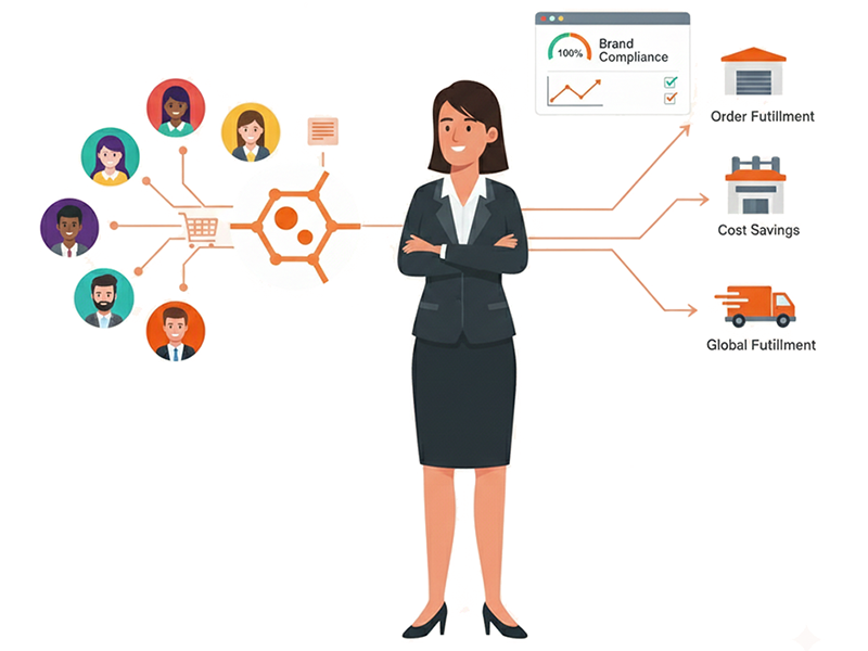 Corporate professional maintaining global brand governance and procurement control through a central web-to-print platform.