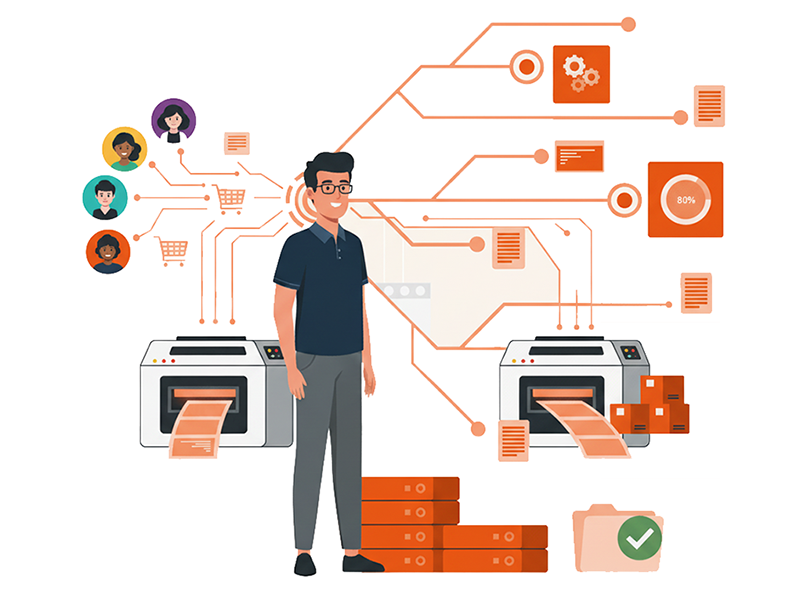Commercial printer using Coreprint web-to-print software to automate production workflows and manage client orders.